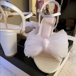 New w/o tags- Size 6 Pleated Chiffon Bow Mid-Heel Sandals by David’s Bridal.